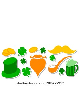 St. Patrick's Day set. Design for flyer, banner, greeting card with copyspase. Four leaf clover, gold coins, hat, mustache, beard, smoking pipe, beer. Vector illustration isolated on white.