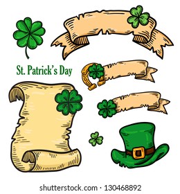 St. Patrick's Day, set of design elements. Isolated objects. Cartoon style. Stickers. Lucky Day. Irish.