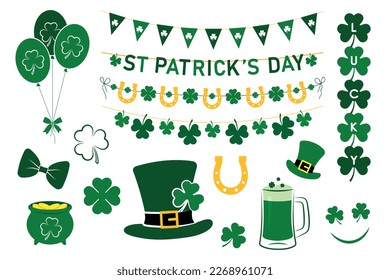 St. Patricks day set, design elements for party, sales, photo, pot, bow, horseshoe, pennants, garland, beer, clover, hat, shamrock