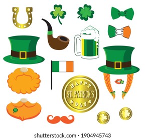 St. Patrick's Day set of designs with a red beard and mustache clover coins, red pigtails, leprechaun hat, horseshoe, pint of beer ,smoking pipe, bow tie, irish flag and lucky clover in vector.