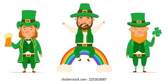 St. Patrick's Day set of different characters of leprechauns in different suits. Vector Illustrations. Cheerful men character. Rainbow, pint of beer and clover. For design and stickers