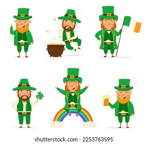 St. Patrick's Day set of different characters of leprechauns in different suits. Vector Illustrations. Cheerful men character. Pot of gold, beer, shamrock, rainbow, Irish flag. For design and stickers