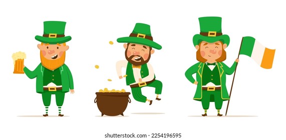 St. Patrick's Day set of different characters of leprechauns in different suits. Vector Illustrations. Cheerful men character. Beer, pot of gold and Irish flag. For design and stickers