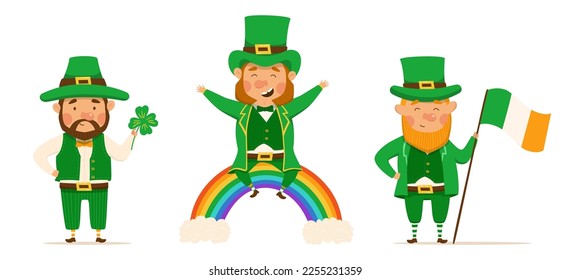 St. Patrick's Day set of different characters of leprechauns in different suits. Vector Illustrations. Cheerful men character. Rainbow, clover and Irish flag. For design and stickers