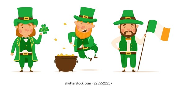 St. Patrick's Day set of different characters of leprechauns in different suits. Vector Illustrations. Cheerful men character. Lucky clover, pot of gold and Irish flag. For design and stickers