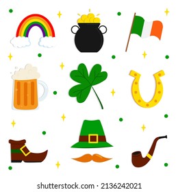 St. Patrick's Day set of elements for design isolated on white background. Rainbow, pot, coins,  horseshoe, beer, clover, flag, hat, shoes. Vector illustration