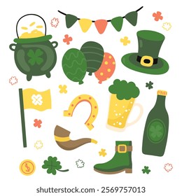 St. Patrick's Day set of elements. Vector illustration of set of elements in green color.