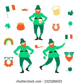 St Patricks Day set with flat leprechauns and mug of beer,  cloverleafs, glasses with beards, mustache, Irish flag, horseshoe and rainbow, pot of gold coins, smoking pipe. Vector illustration