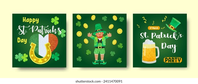 St. Patrick's Day set of flyers brochures, invitation to a holiday, corporate holiday. a leprechaun hat, a shamrock, a beer glass on a dark green background. Watercolor vector illustration.