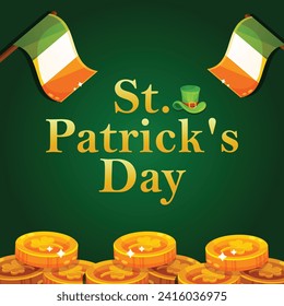 St. Patrick's Day set of flyers brochures, invitation to a holiday, corporate holiday. a leprechaun hat, a shamrock, a rainbow,a pot of gold coins, on a dark green background. Vector illustration.