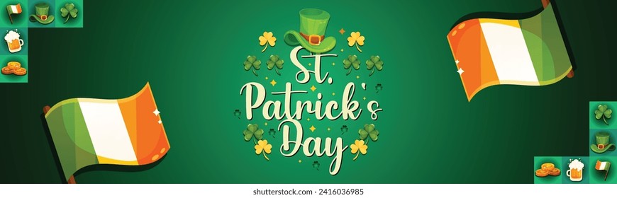 St. Patrick's Day set of flyers brochures, invitation to a holiday, corporate holiday. a leprechaun hat, a shamrock, a rainbow,a pot of gold coins, on a dark green background. Vector illustration.