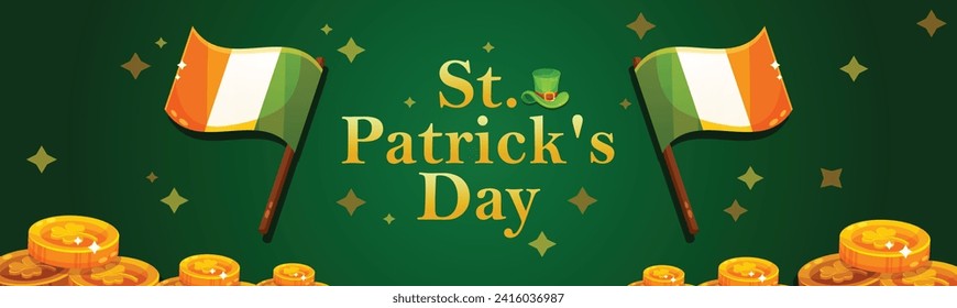 St. Patrick's Day set of flyers brochures, invitation to a holiday, corporate holiday. a leprechaun hat, a shamrock, a rainbow,a pot of gold coins, on a dark green background. Vector illustration.