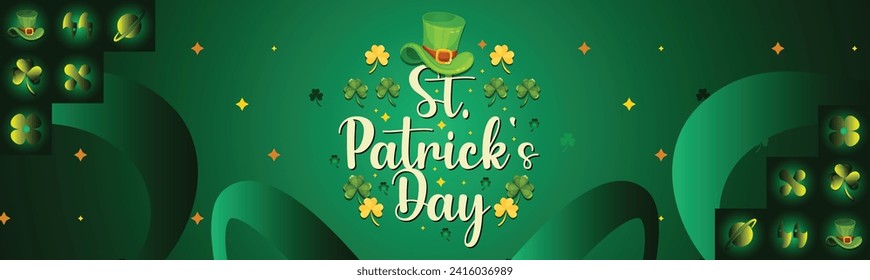 St. Patrick's Day set of flyers brochures, invitation to a holiday, corporate holiday. a leprechaun hat, a shamrock, a rainbow,a pot of gold coins, on a dark green background. Vector illustration.