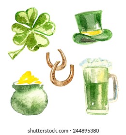 St. Patrick's Day set.  Four-leaf clover, St. Patrick's hat, pot of gold, beer and horseshoes. Watercolor. Vector illustrations.