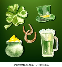 St. Patrick's Day set.  Four-leaf clover, St. Patrick's hat, pot of gold, beer and horseshoes. Watercolor. Vector illustrations.