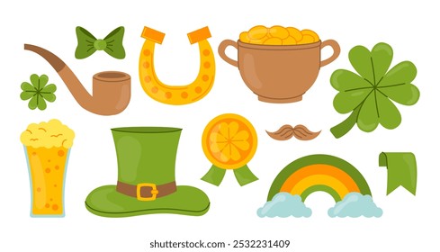 Dia de St Patricks definido. Chapéu Leprechaun verde, moedas de ouro e distintivo. Caneca com cerveja e bigode, ferradura e trevo. Símbolos de sorte irlandeses. Coleção de vetores planos isolada no plano de fundo branco