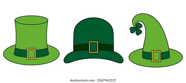 St. Patrick's Day, set of green leprechaun hats, retro vintage style, vector flat icon isolated on a white transparent background