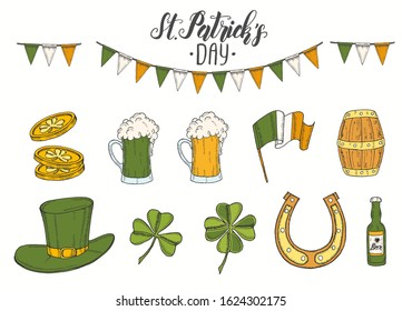 St Patrick's day set with Hand drawn   St. Patrick's hat, horseshoe, beer, barrel, irish flag, four-leaf clover and gold coins. Lettering. Engraving illustrations