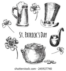 St. Patrick's day. Set of hand drawn graphic illustrations with hat, coins, beer and leaf in sketch style. Vector isolated illustration on white background