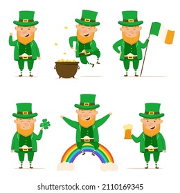 St. Patrick's Day set of happy leprechauns. Vector Illustration isolated on a white background. St. Patrick's Day symbols: pot of gold, beer, shamrock, rainbow, Irish flag