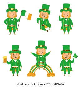 St. Patrick's Day set of happy leprechauns in a flat style. Vector Illustration isolated on a white background. Pot of gold, beer, shamrock, rainbow, Irish flag. For design and stickers