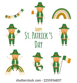 St. Patrick's Day set of happy leprechauns in a flat minimalistic style. Vector Illustrations. Cheerful man character. Beer, shamrock, rainbow, Irish flag. For design and stickers