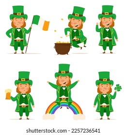 St. Patrick's Day set of happy leprechauns with red whiskers. Vector Illustrations. Cheerful man character. Pot of gold, beer, shamrock, rainbow, Irish flag. For design and stickers