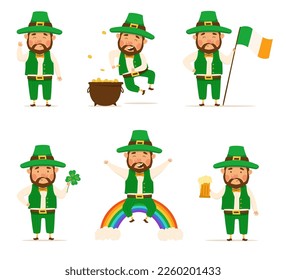St. Patrick's Day set of happy leprechauns with brown beard. Vector Illustrations. Cheerful man character. Pot of gold, beer, shamrock, rainbow, Irish flag. For design and stickers