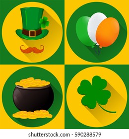 St. Patrick's day set of icons. Green hat and mustache, balloon in national Irish colors, pot full of gold and four-leaf clover. Flat style with long shadow. Vector illustration