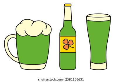 St. Patrick's Day, set of illustrations, glass bottle, mug, glass of green beer, retro vintage style, vector flat icon isolated on a white transparent background