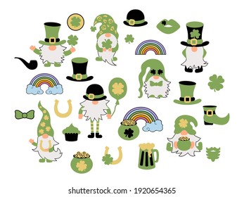 St Patrick's day set with Irish gnomes, clovers, pot of gold, horseshoe, rainbow. Great for t-shirt design, invitation, St Patrick's day. Vector illustration.