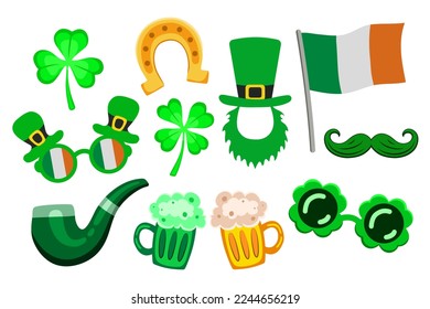 St. Patrick's Day Set, irische Ferienparaphernalia, Brille und Fahne, Glück Hufeisen und Klee, Shamrock und Rauchpfeife, Bier und Schnurrbart. Vektorgrafik