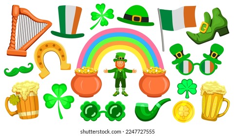 St. Patrick's Day set, Irish holiday attributes and symbols of Ireland. Leprechaun and pots of gold under the rainbow, shamrock and harp, beer and ale, lucky horseshoe and glasses. Vector illustration