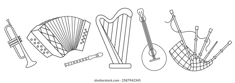 St. Patrick's Day, set of Irish folk musical instruments, guitar, harp, bagpipes, trumpet, fife, accordion, black and white vector linear icon isolated on a white transparent background