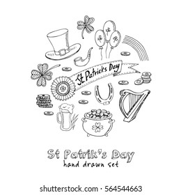 St. Patrick's Day set with Irish music, pub decoration, rainbow, flags, beer mugs, clover, leprechaun hat, pot of gold coins. Vector illustration