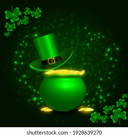 St. Patrick's Day set of  a leprechaun hat, a shamrock, a pot of gold coins, clovers on a dark green background with glowings. Vector illustration.
