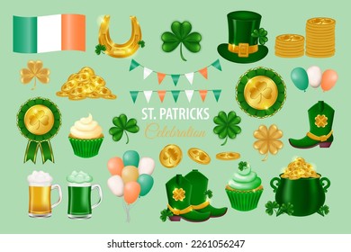 Día de los patricks. Sombrero de Leprechaun, botas, cerveza, ale, monedas de oro, olla de oro, herradura, guirnalda con banderas y banderas de Irlanda, shamrock, globos, premio, trébol.Iconos vectores.