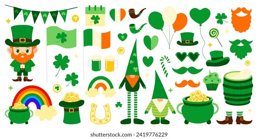 Día de San Patricio con leprechaun, gnomes, trébol, sombrero, oro, shamrock, cerveza, globos, bandera de Irlanda, corazones, barba, pipa de fumar.