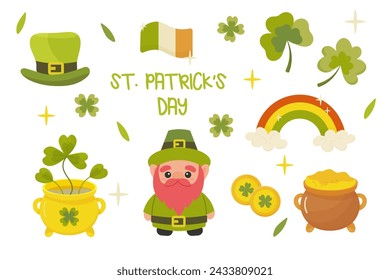St. patrick's day set, leprechaun, pot of gold, clover, rainbow. On a white background. 