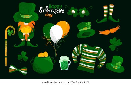 St. Patrick's Day set with leprechaun, shamrocks, gold coins, green hats, striped socks, and balloons. Colorful holiday elements on a dark background