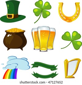 St. Patrick's Day set: leprechaun hat, four-leaf clovers, golden horseshoe, pot of coins, beer, clover, rainbow, banners, harp.