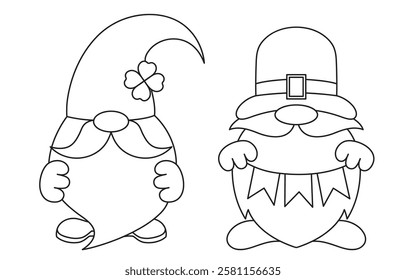 St. Patrick's Day, set of leprechauns with a long beard, black and white vector linear icon isolated on a white transparent background