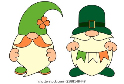 St. Patrick's Day, set of leprechauns with a long beard, Irish flag, retro vintage style, vector flat icon isolated on a white transparent background