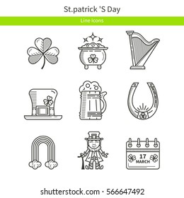 St. Patrick's Day set in a linear style icons. Leprechaun, pot, shamrock. It can be used for design of cards, invitations, web sites or printed materials.