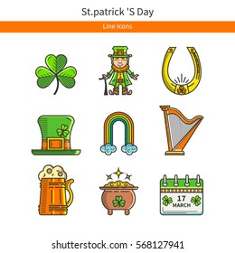 St. Patrick's Day set in a linear style icons. Leprechaun, pot, shamrock. It can be used for design of cards, invitations, web sites or printed materials.
