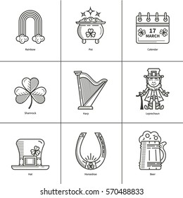 St. Patrick's Day set in a linear style icons. Leprechaun, pot, shamrock. It can be used for design of cards, invitations, web sites or printed materials.