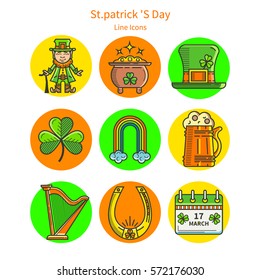 St. Patrick's Day set in a linear style icons. Leprechaun, pot, shamrock. It can be used for design of cards, invitations, web sites or printed materials.
