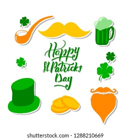 St. Patrick's Day set with modern brush lettering Happy St. Patrick's Day. Four leaf clover, gold coins, gentleman's hat, mustache, beard, smoking pipe, beer. Vector illustration isolated on white.
