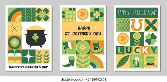 St. Patrick's Day set of modern backgrounds for branding cover, poster, banner. Abstract vector geometric covers for your design.Template banners with geometric pattern for traditional Irish holiday