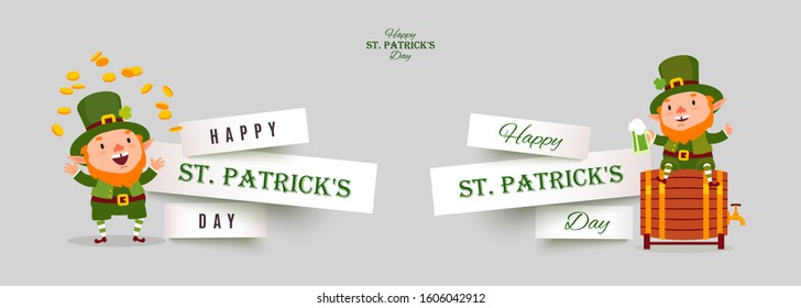 St. Patricks Day set of paper cut banners with leprechauns with gold coins and green beer. Festive design elements with funny traditional vector characters isolated on gray background